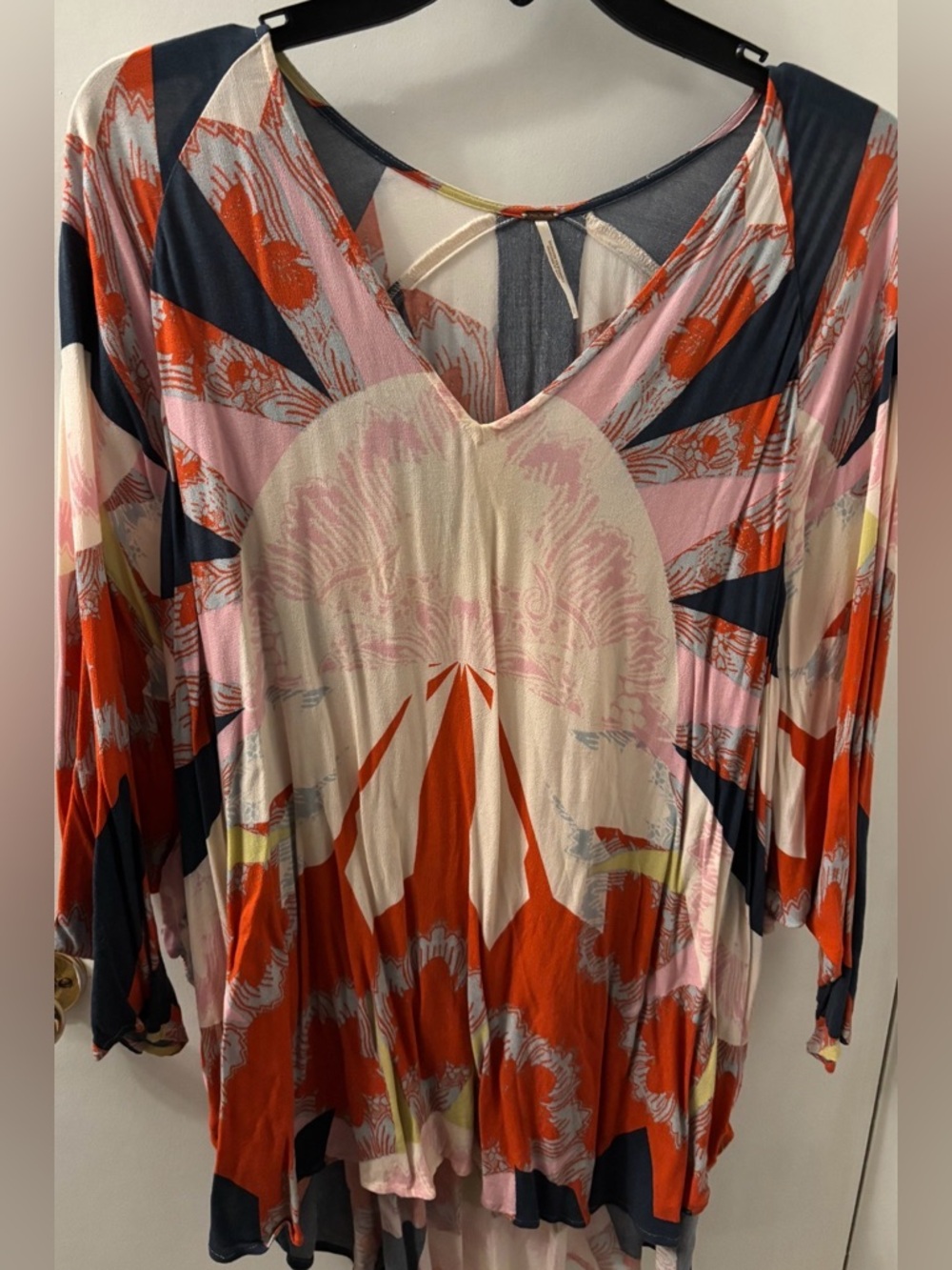 Free People Women's V-Neck Long Sleeve Printed Tunic Top - Red, Pink, Navy